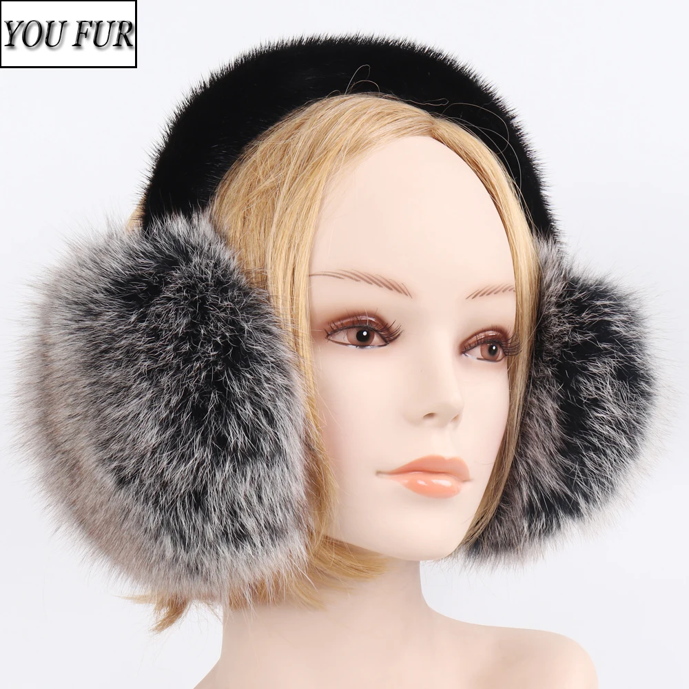 

Fox Fur Earmuffs Winter Women Warm Plush Big 100% Natural Fox Fur EarMuff Fluffy With Real Mink Fur Earlap Lady Real Fur Earflap