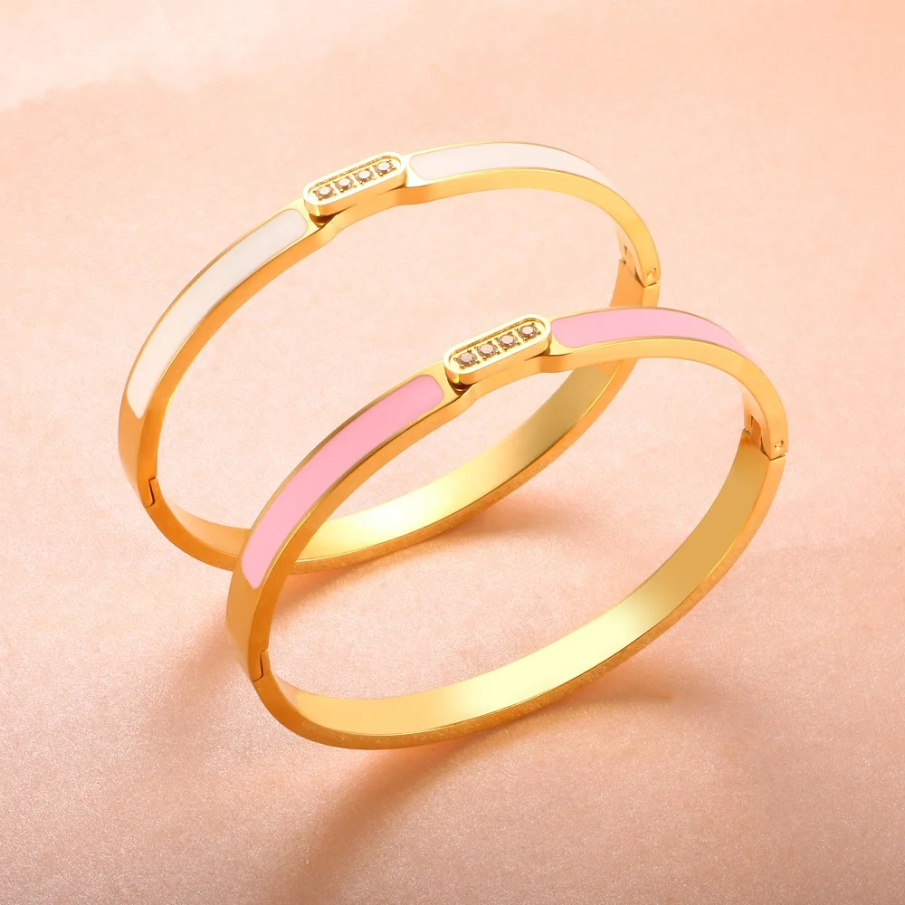 Luxury Pink/White Color Enamel Epoxy Bracelet For Women Men High Quanlity Gold-plated Stainless Steel Bangle Couple Jewelry Gift