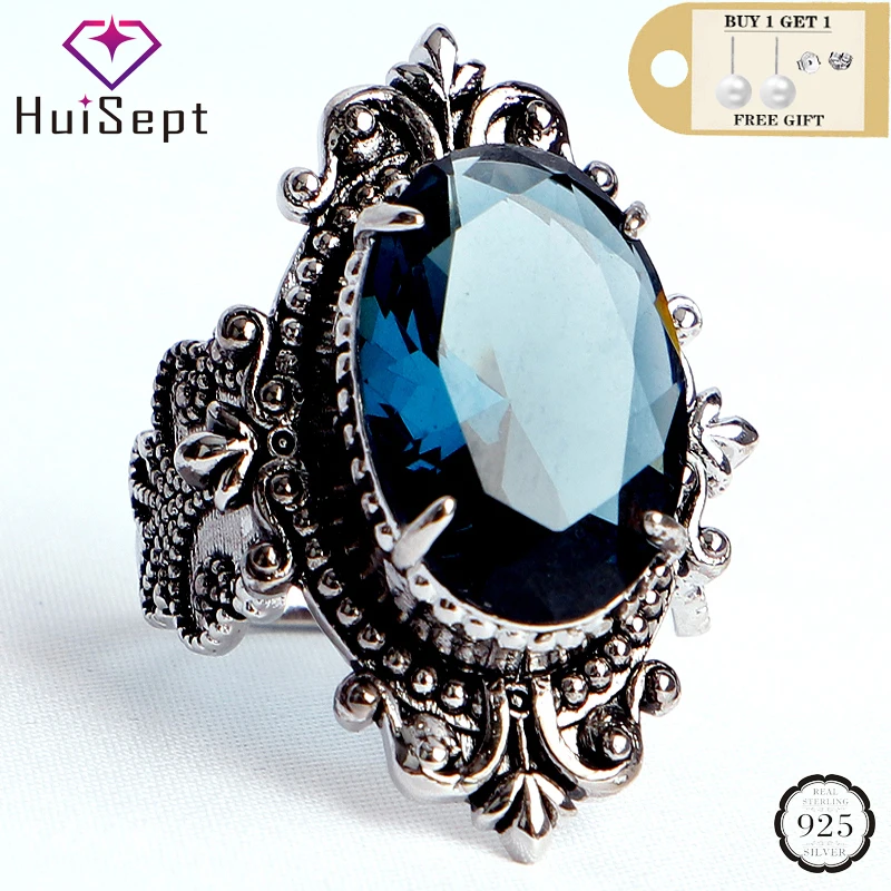 

HuiSept Vintage 925 Silver Ring Jewellery Big Oval Shaped Sapphire Gemstones Rings for Male Female Wedding Party Gifts Wholesale