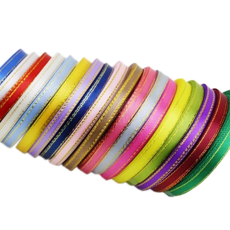 (25 Yards/roll) 6mm Gold Edged Single Face Satin Ribbon Wholesale Gift Packing Christmas Decoration Manual DIY Ribbons Fabric