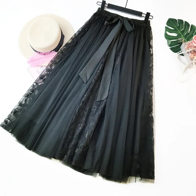 Gonna tutù in tulle alla moda Gonna lunga lunga da donna Gonna coreana a pieghe a vita alta con fiocco carino Scuola femminile Sun Spodnica