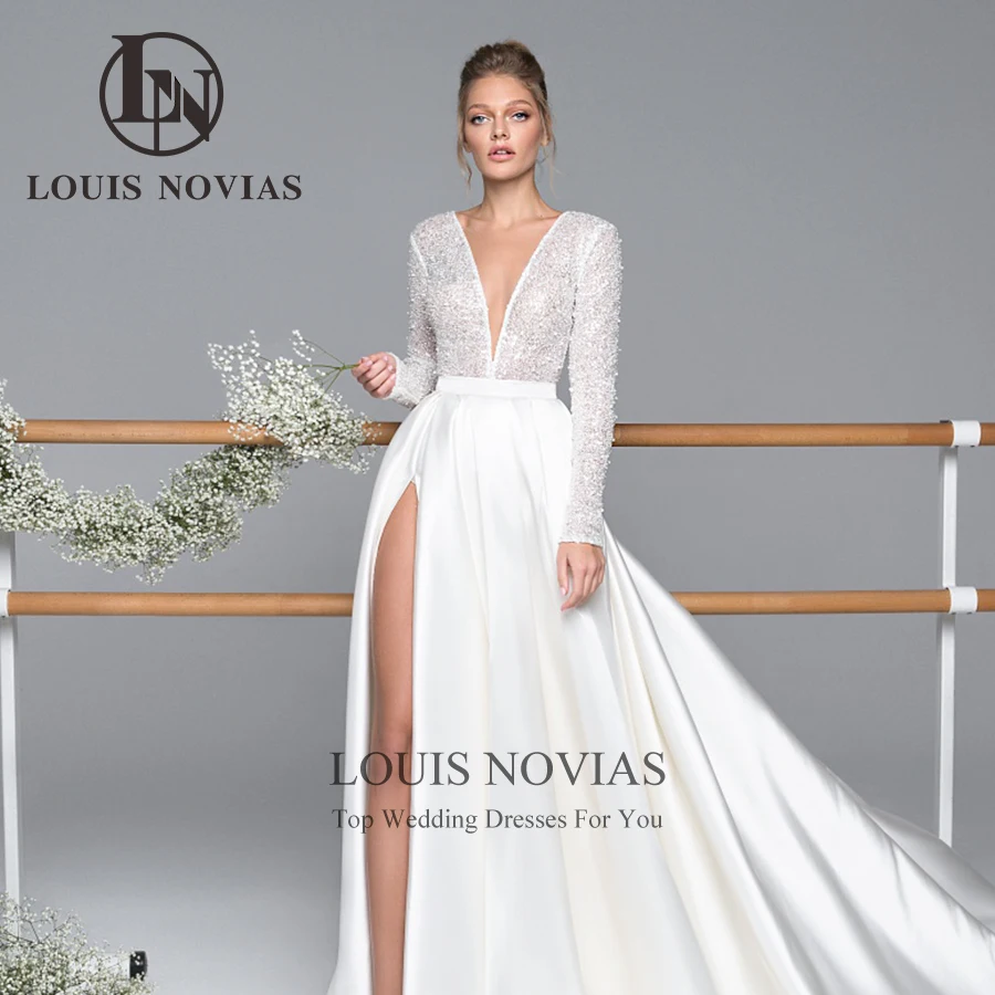 LOUIS NOVIAS ซาตินชุดแต่งงานแขนยาว A-Line ประณีต Glitter ประดับด้วยลูกปัด V คอ Slit-Hem ชุดเจ้าสาว Vestidos De Novia