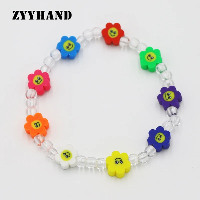 Multi Color Flower Beads Women Elastic Bracelet Girl Cute Transparent Random Smile Floral Face Lady Party Casual Wrist Jewelry