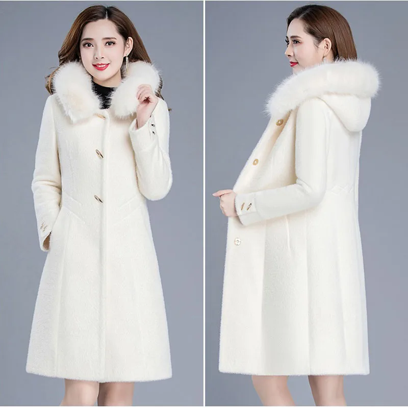 Women Upscale Mink down Woolen Coat 2022 New Female Winter Wool Jacket Femme Hooded Woolen Overcoat Fashionable Jackets A591