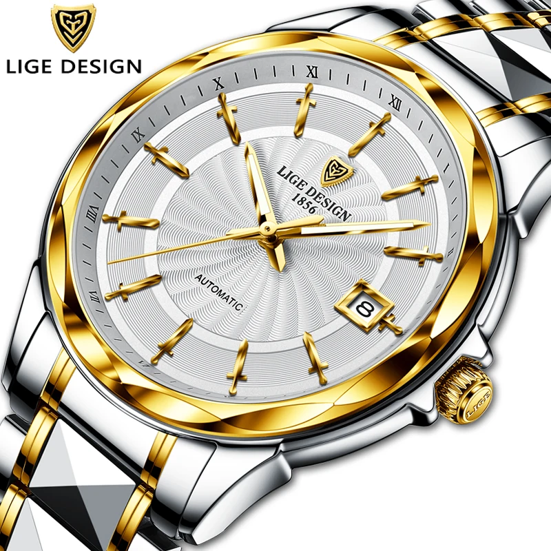 LIGE nuovo orologio meccanico da uomo personalità oro moda acciaio al tungsteno orologio da uomo d\'affari 50M orologio automatico impermeabile uomo