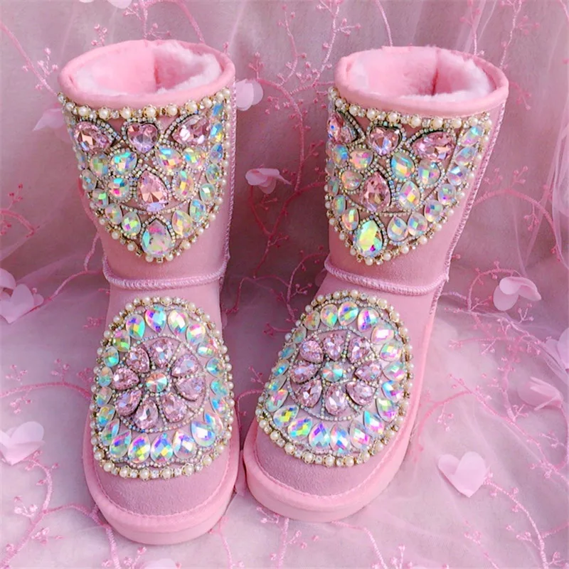 Sweet Pink Gemstone Pearl Beads Snow Boots Ladies Bling Diamond Flat Warm Plush Slip On Winter Booties