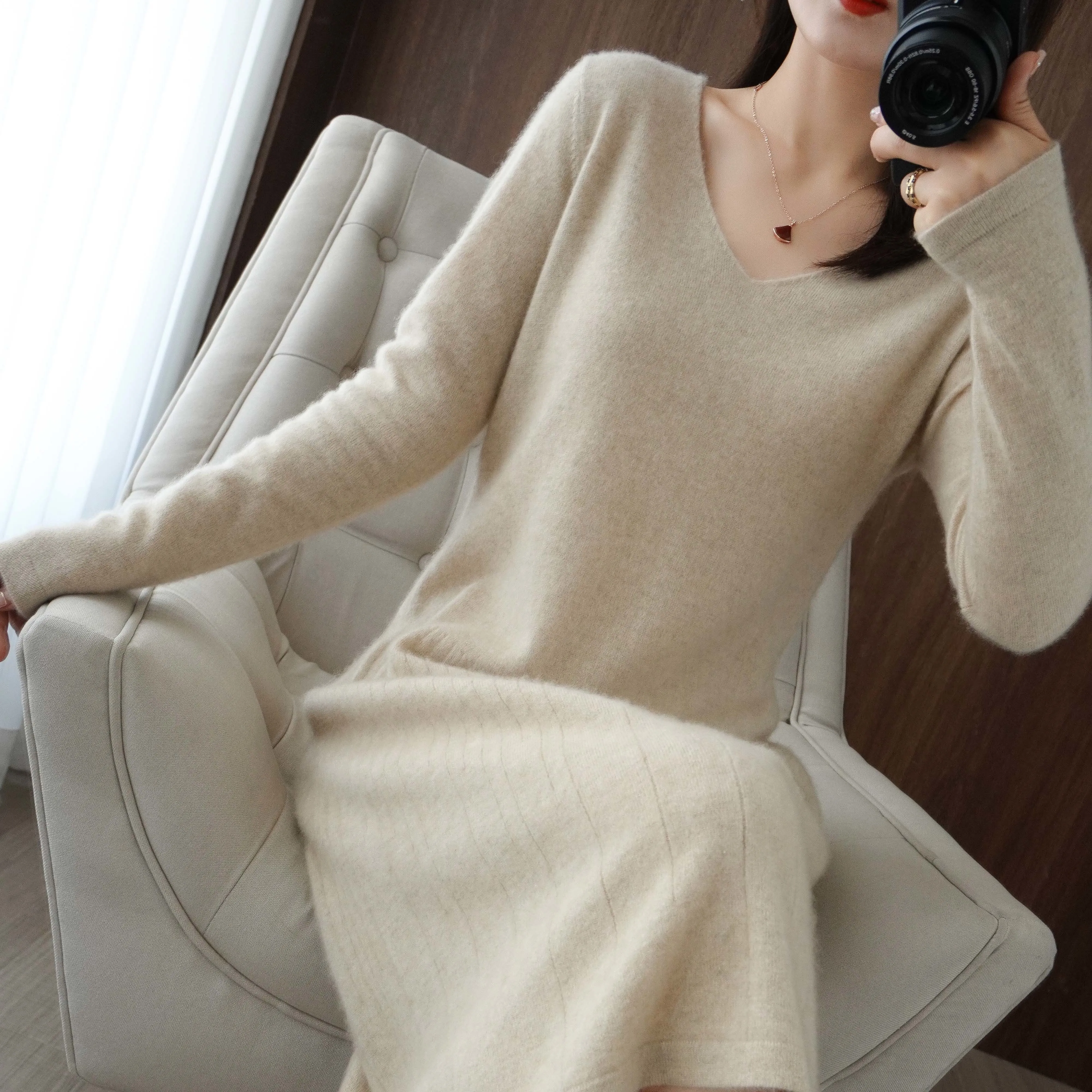 Women\'s 100% Merino Wool Knit Sweater Dress, Vneck Loose Dress, Full Sleeve Jumpers, Hot Sale, Winter, Autumn