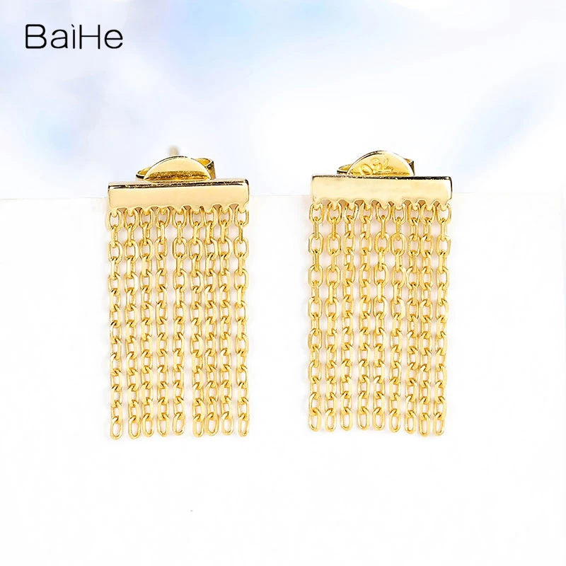 BAIHE Real Solid 14K Yellow Gold Tassel Stud Earrings Women Trendy Wedding Engagement Fine Jewelry pendientes mujer kolczyki