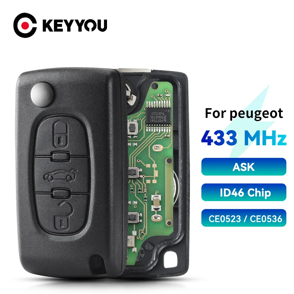 

KEYYOU 433Mhz ID46 ASK FSK Remote Car Key For peugeot 207 307 407 208 308 408 607 Partner Remote Key 3 Buttons Ce0536