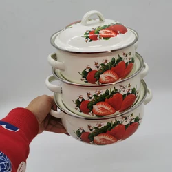 Strawberry Enamel Cookware Set, Stew Pot Set, 16cm, 18cm, 20cm