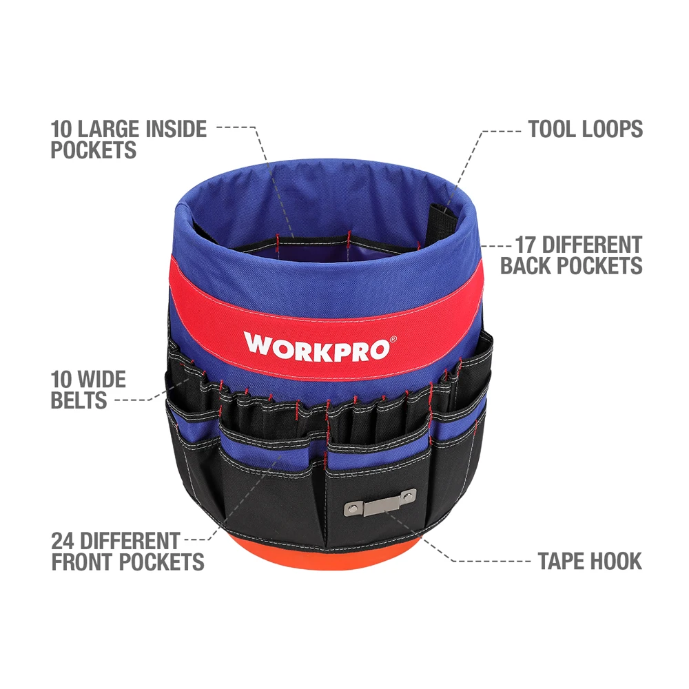 WORKPRO 5 Gallon Bucket Tool Organizer Bucket Boss Tool Bag with 51 Pockets Fits to 3.5-5 Gallon Bucket (Tools Excluded)