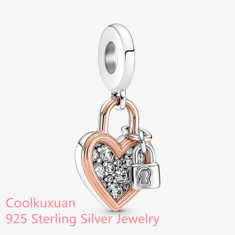 

2022 Valentine's Day 925 Sterling Silver Heart Padlock Double Dangle Charm beads Fits Original Pandora bracelets Jewelry Making