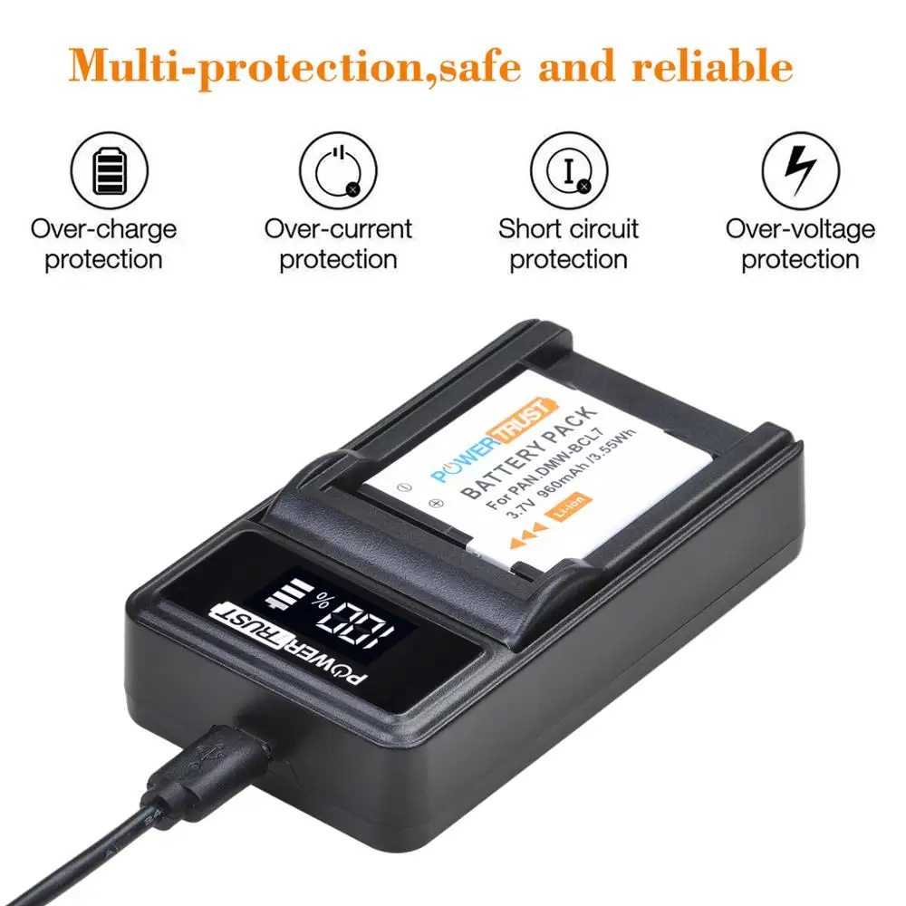 PowerTrust DMW-BCL7 960mAh BCL7 BCL7E Battery and Charger for Panasonic Lumix DMC-F5, DMC-FH10, DMC-FS50, DMC-SZ3, DMC-SZ9