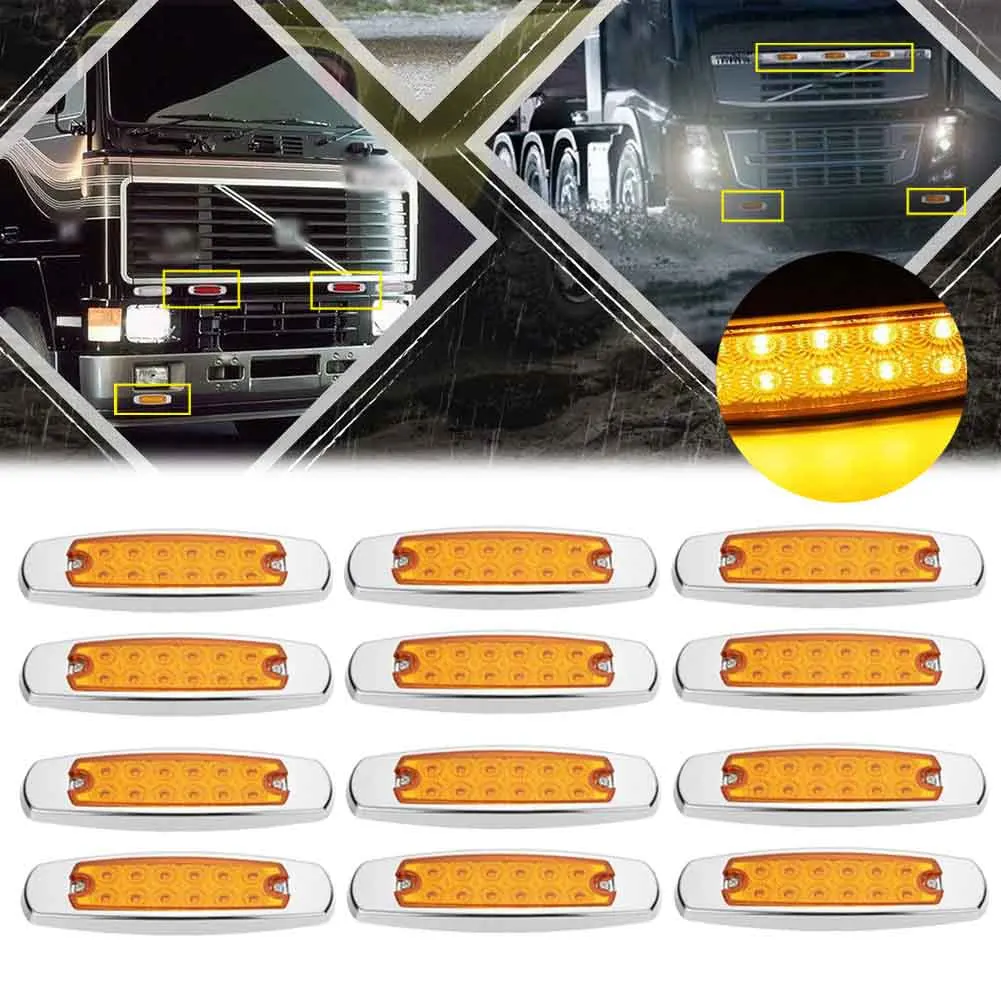 12Pcs/Pack Amber 12 LED Side Marker Lamp Fish Shape Freightliner Truck Trailer Light Indicator Clearance Lights