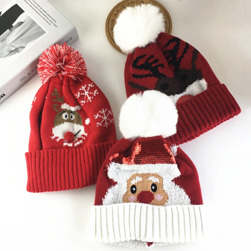 

Women's and Men's Red Christmas Woolen Hats, Christmas Knitted Hats, Single Ball Winter Warm Knitted Hats Can be Used as Gifts