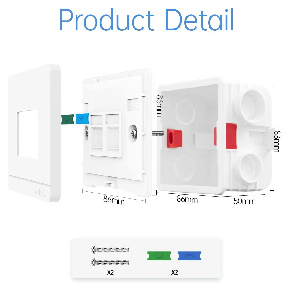 AMPCOM 86-type Wall Faceplate With Mounting Junction Box , Networking Telephone Socket Outlet Mount Panel For RJ45 RJ11 Module