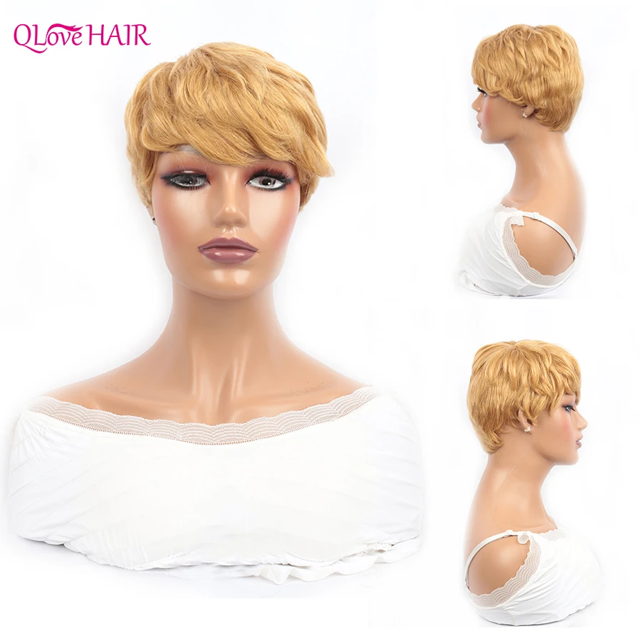 

Blonde 27 Color Pixie Cut Wigs For Women Chinese Short Bob Human Hair Wigs With Bangs Full Machine Made Wigs 150 Density