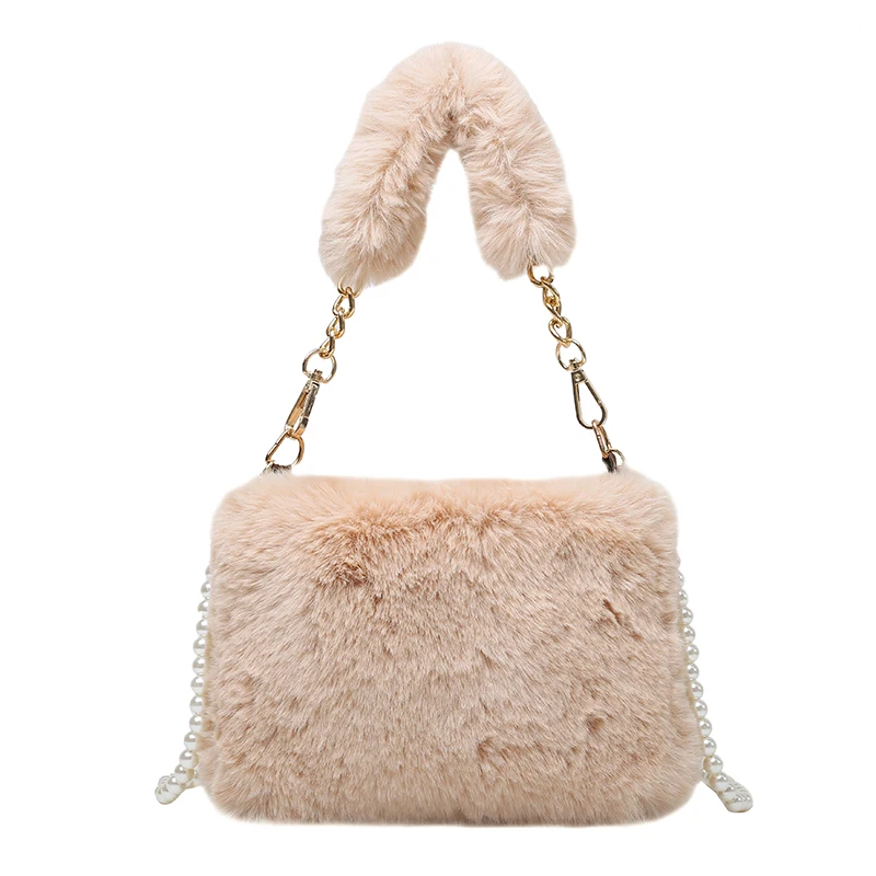 Soft Fluffy Bags Solid Furry Luxury Designer Handbag Fur Shoulders Bags Plush Tote Bags Pearl Chain Bag For Women 2021 New Sac