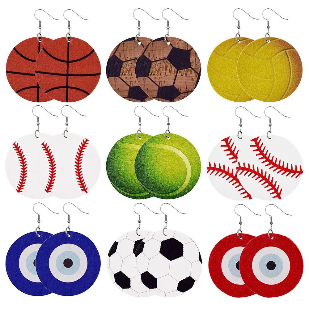 3D Sports Round PU Leather Earrings Football Basketball Baseball Trendy Dangle Earrings For Women Statement Earrings Jewelry