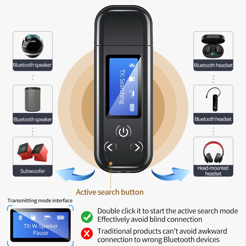 LCD Display Bluetooth 5.0 Audio Transmitter Receiver USB 3.5MM RCA TF Stereo Music Wireless Adapter Built-in Battery For TV CAR