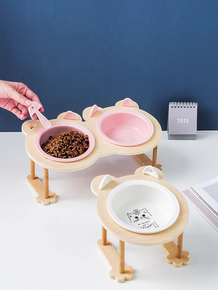 

Ceramics Puppy Cat Dog Pet Bowl Single Double Food Bowl With Wood Stand Bracket Porcelain Water Feeder Pet Supplies Dropshipping