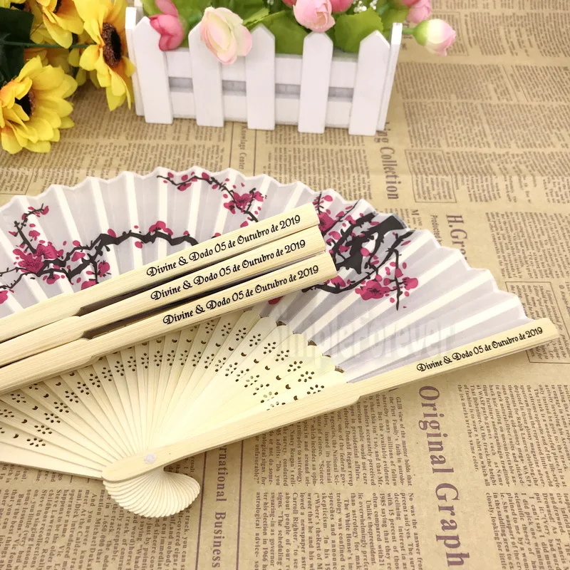 Personalized Cherry Blossom Silk Fan Summer Wedding Decoration Fans Party Giveaways for Guest 100pcs/lot