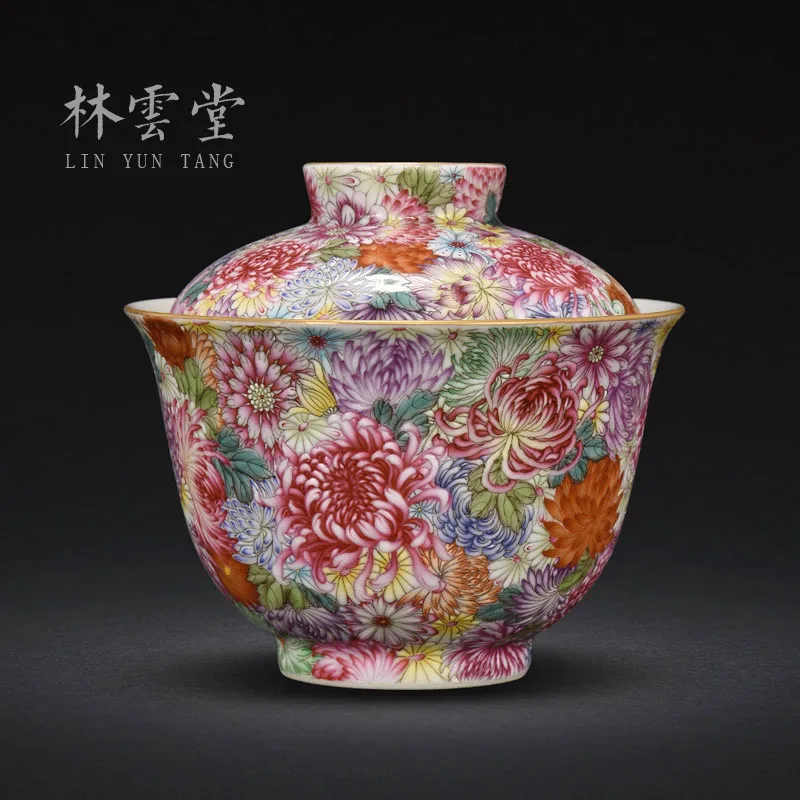 Lin Yuntang hand-painted chrysanthemum flower hundred colored enamel three tureen jingdezhen ceramic tea cup by hand