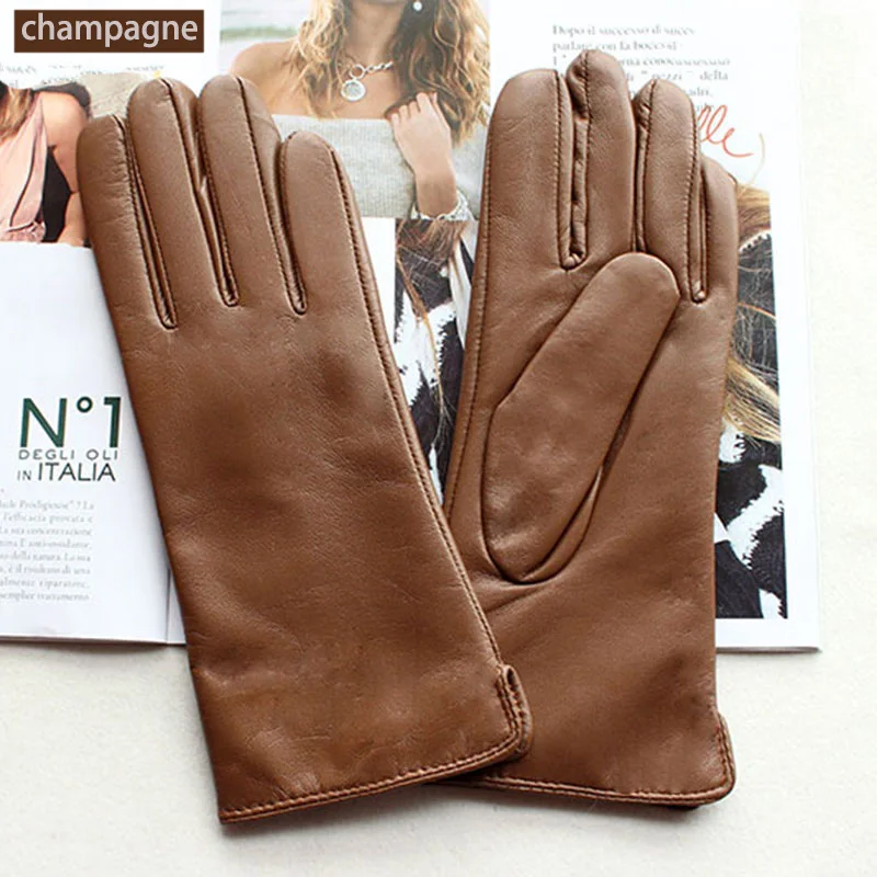 Color Sheepskin Leather Gloves Women's Straight Style Wool Lining Fall/Winter Warm Motorcycle Riding Car Driving Finger Gloves