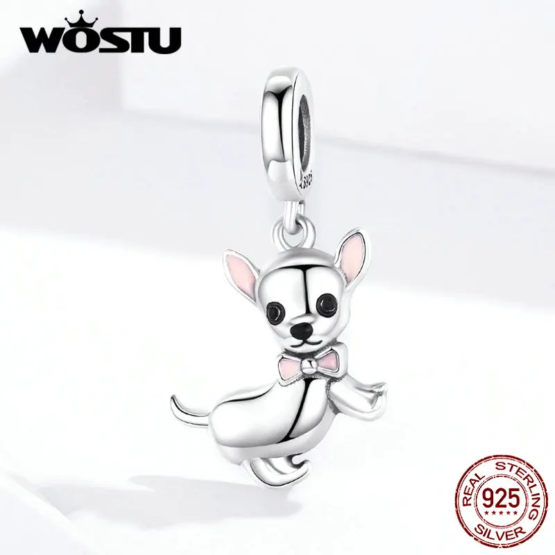 WOSTU Authentic 925 Sterling Silver Chihuahua Dog Charm Fit Original Bracelet DIY Beads Necklace Pendant Jewelry Making CQC1317