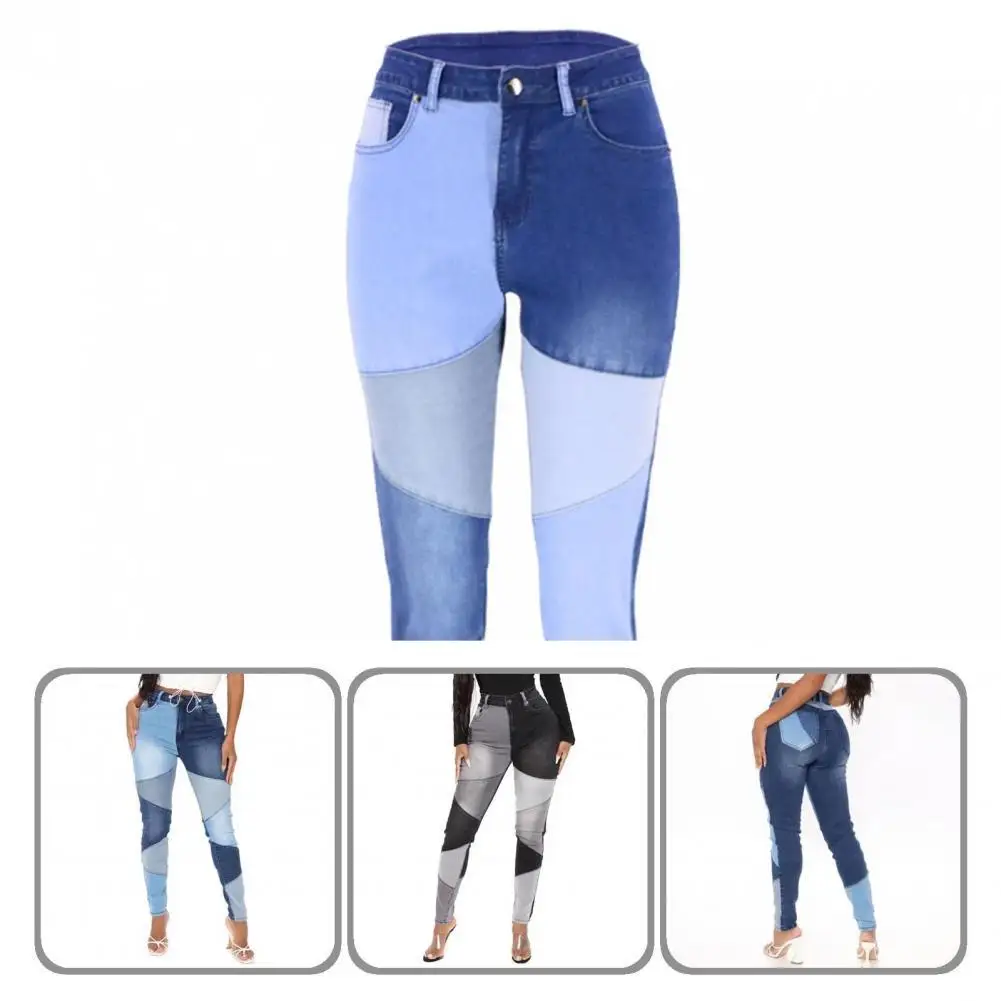 

Patchwork 2 Colors Women Tight High Waist Denim Trousers for Going Out