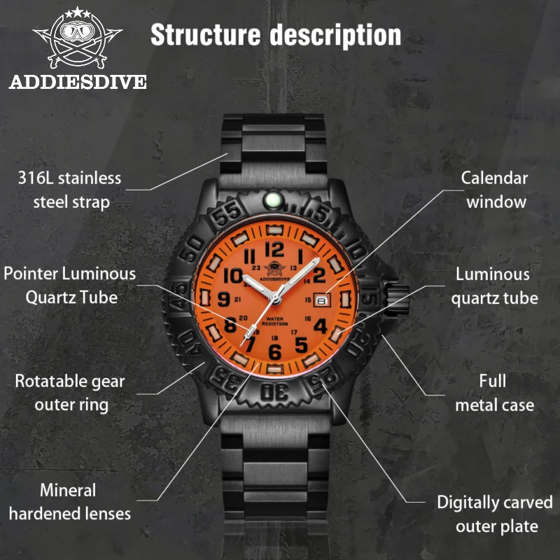 ADDIES Men Military Watches Top Brand Fahsion Orange Dial Sports Waterproof Stainless Quartz Watch Men's Watch Orologio da uomo