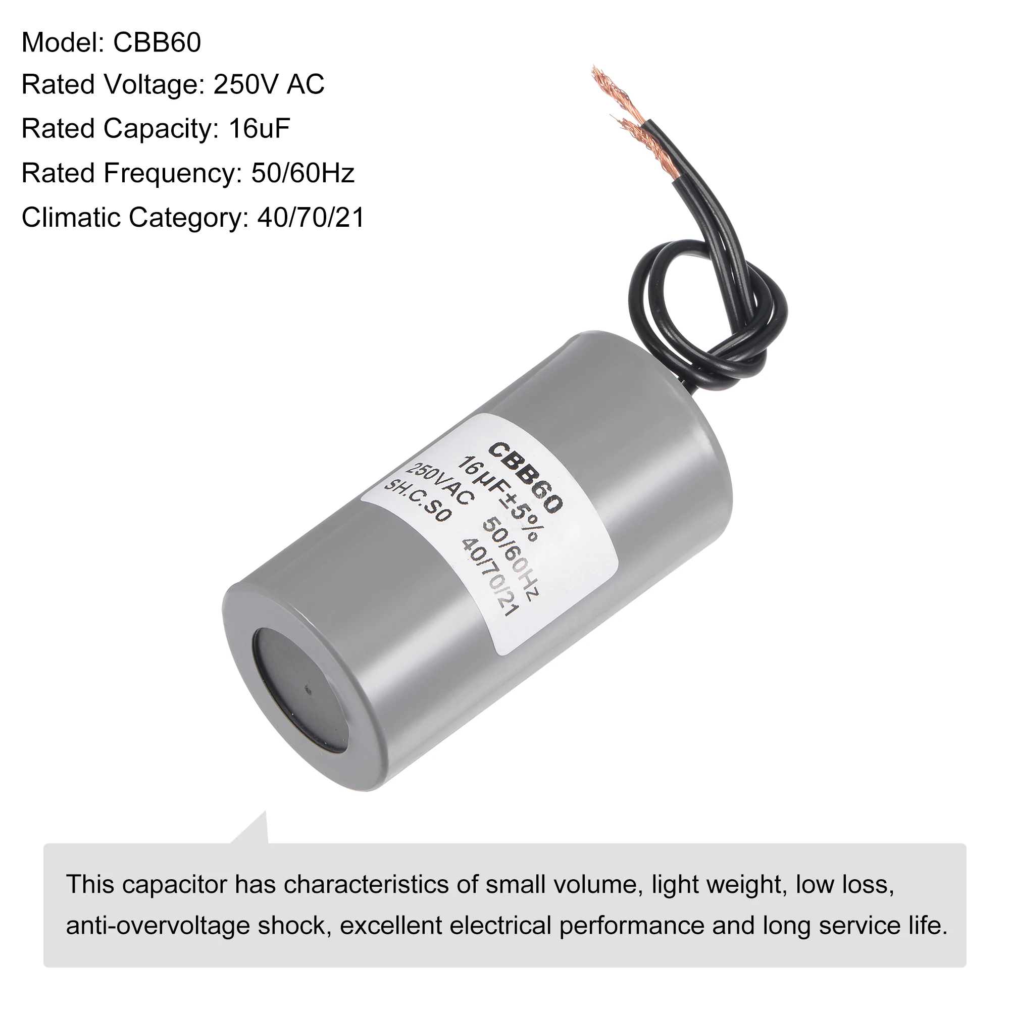 CBB60 Run Capacitor 16uF 250V AC 2 Wires 50/60Hz Cylinder Motor Running Capacitor 75x38mm for Air Compressor Water Pump Motors