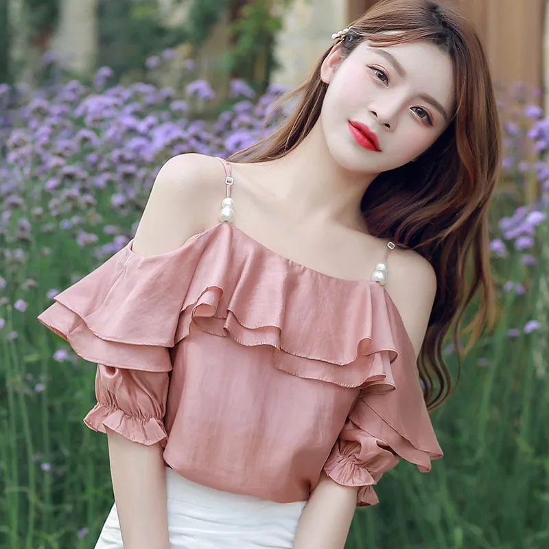 Summer Women Ladies 2021 Sexy Pink White Ruffle Short Sleeve Cute Vintage Cottagecore Off Shoulder Chiffon Blouses Shirts Top