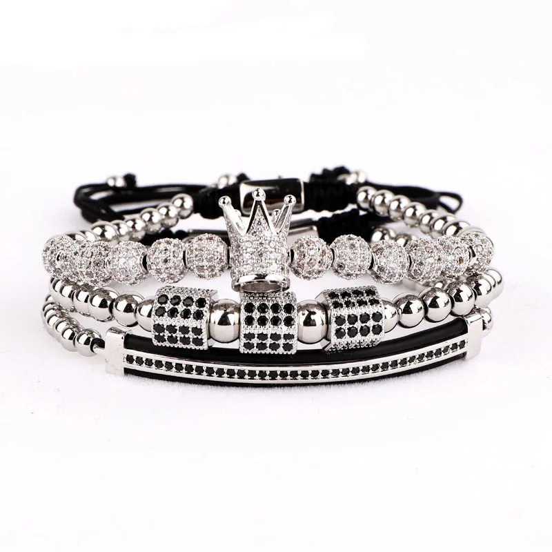 3pc/set Men Luxury CZ Crown Braided Micro Pave Cubic Zirconia Stainless Steel Beads Charm Bracelet Jewelry for Women Men