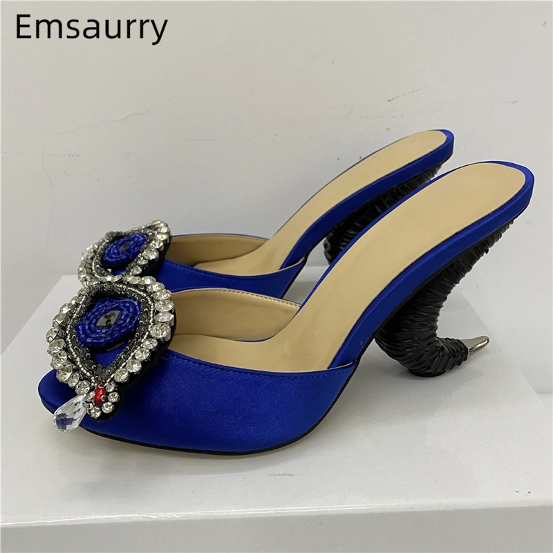 Beaded Rhinestone Flower Sandals Women Sexy Horn-Shaped Strange Heel Luxury Satin Slingbacks Mules Summer