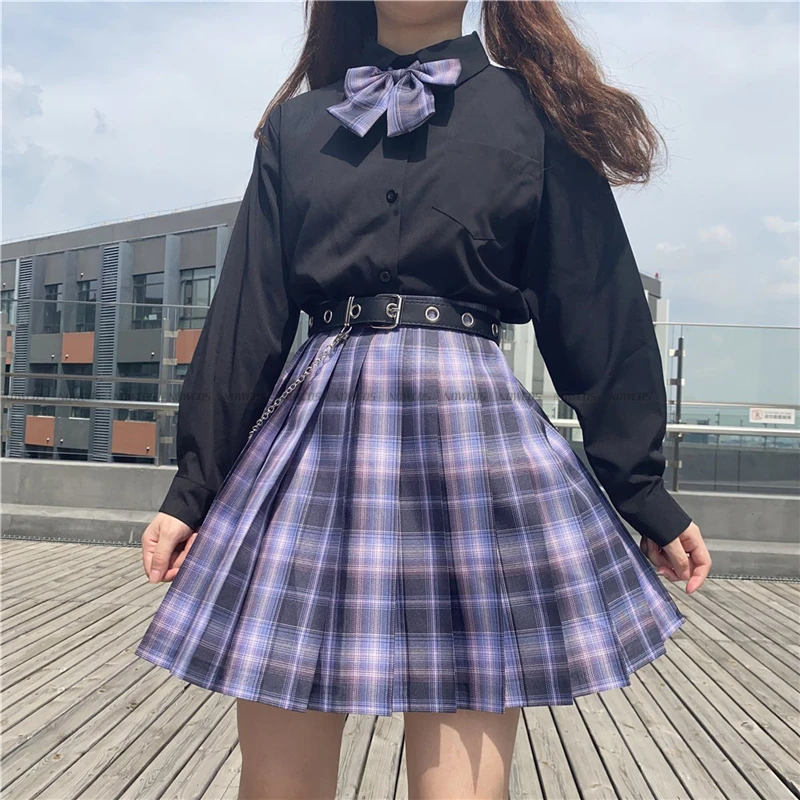 [Romantische Athanasy] Lange/Korte Mouw Stuntente Dame Meisjes Hoge Taille Geruite Plooide Rokken Jk Schooluniform Anime Kleding Zwart