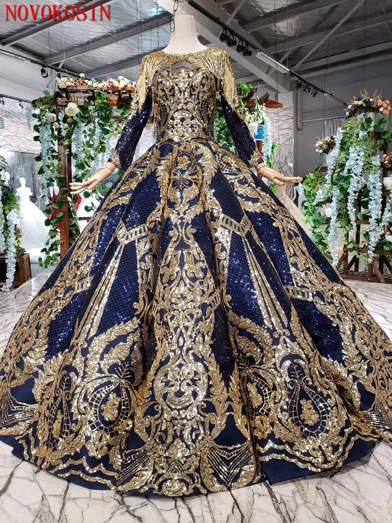 Vestido de baile de encaje de lentejuelas de color azul marino dorado Real, vestido de fiesta de noche nupcial musulmán, manga larga, borla de lujo