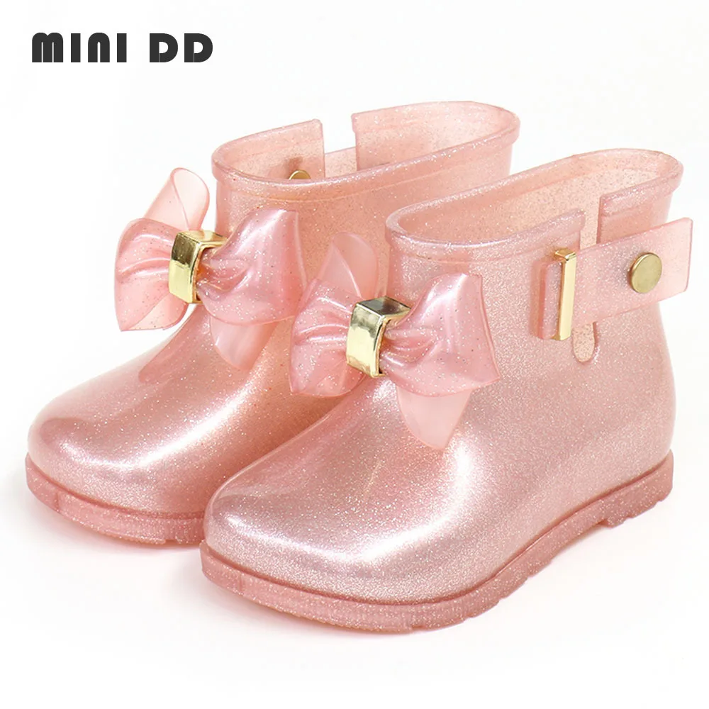 Mini DD 2023 Children Rainboots Gilrs Fashion High Quality Jelly Shoes Sparkle Princess Bow Shoes PVC Non-slip Rain Boot HMI012