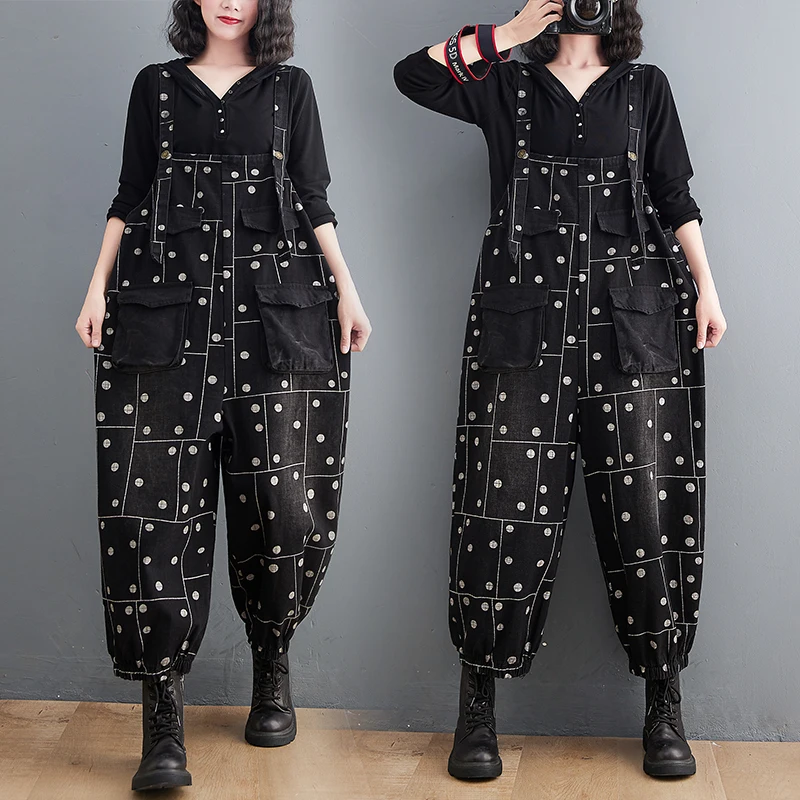 Loose Plus Size Oversized Cargo Jeans Jumpsuits For Women Vintage Print Plaid Black Denim Overalls Harajuku Straps Baggy Rompers