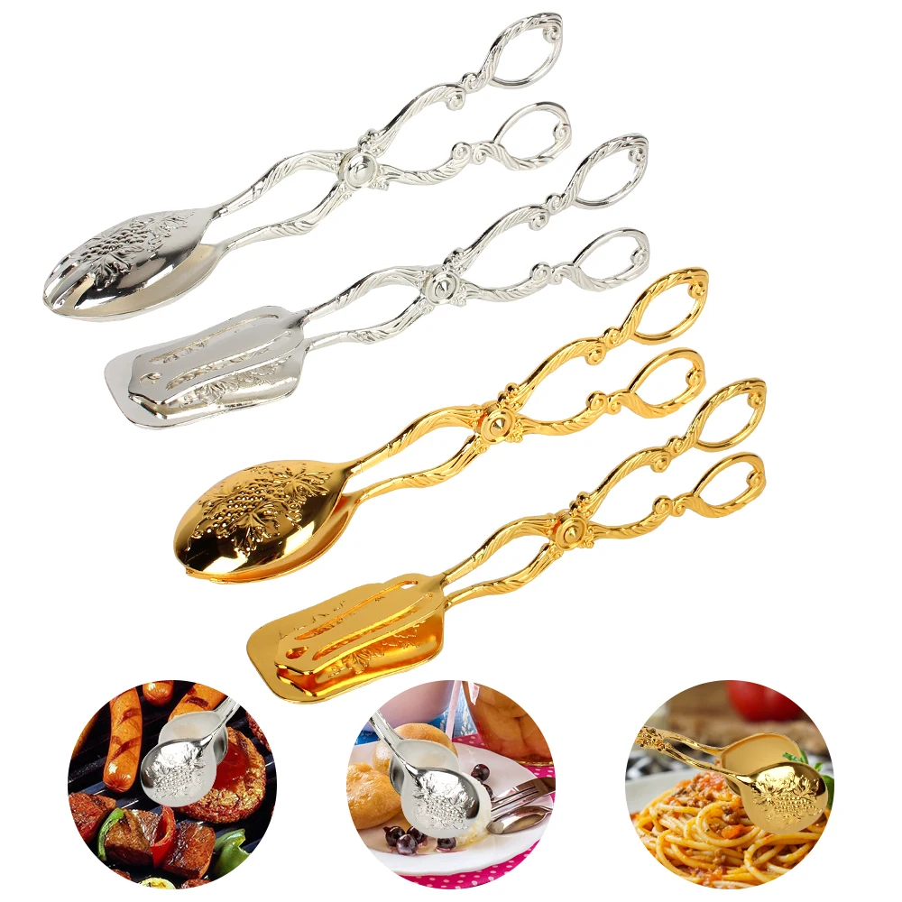 Pinzas para comida Buffet, herramienta para hornear, barbacoa, Snack, pastel, Estilo Vintage, chapado en oro, ensalada de frutas, pastel, abrazadera de pastelería