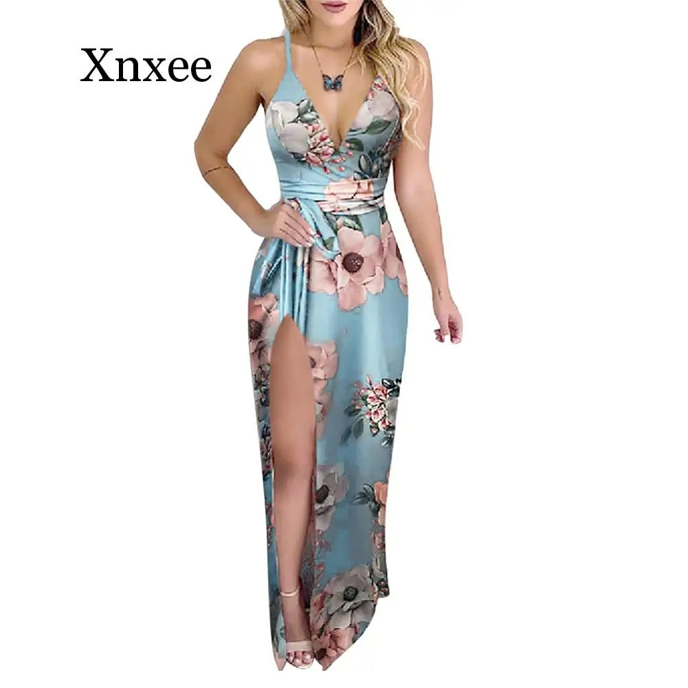 

Women Deep V Neck Side Slitting Leaves Floral Print Hollow out Long Sling Dress New Sexy Flower Leaf Print V Neck Women Dress