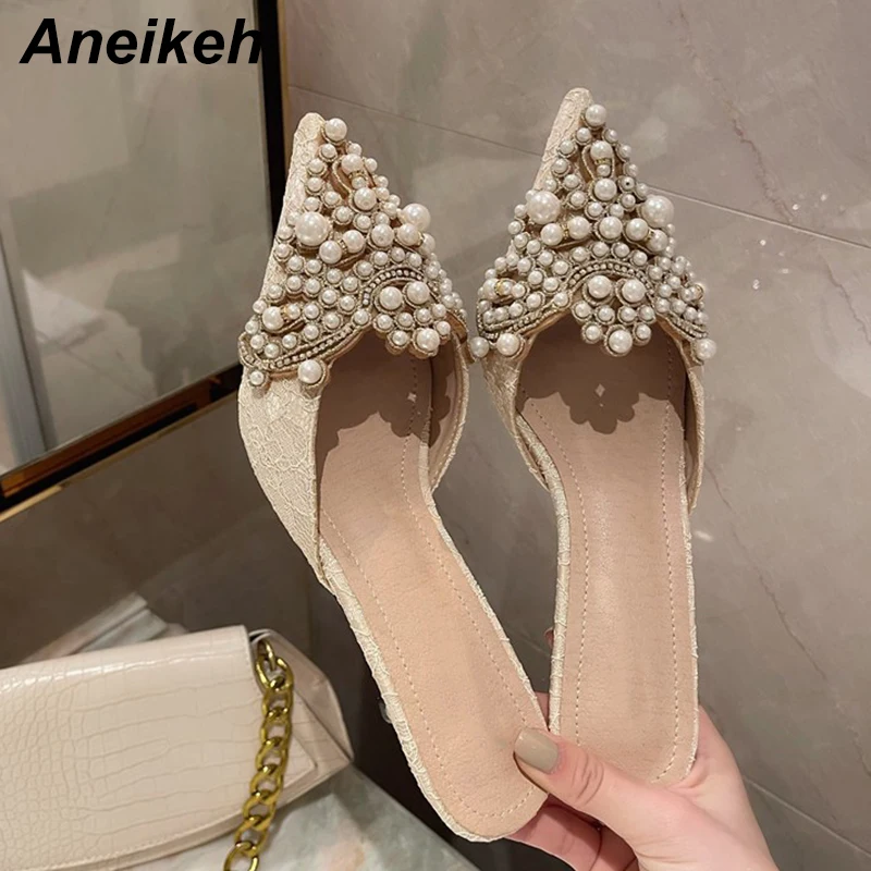 Aneikeh Summer Fashion Women\'s Thin Heels Outside String Bead Basic Solid Flock  Pointed Toe Slippers Shallow Black Size 35-42