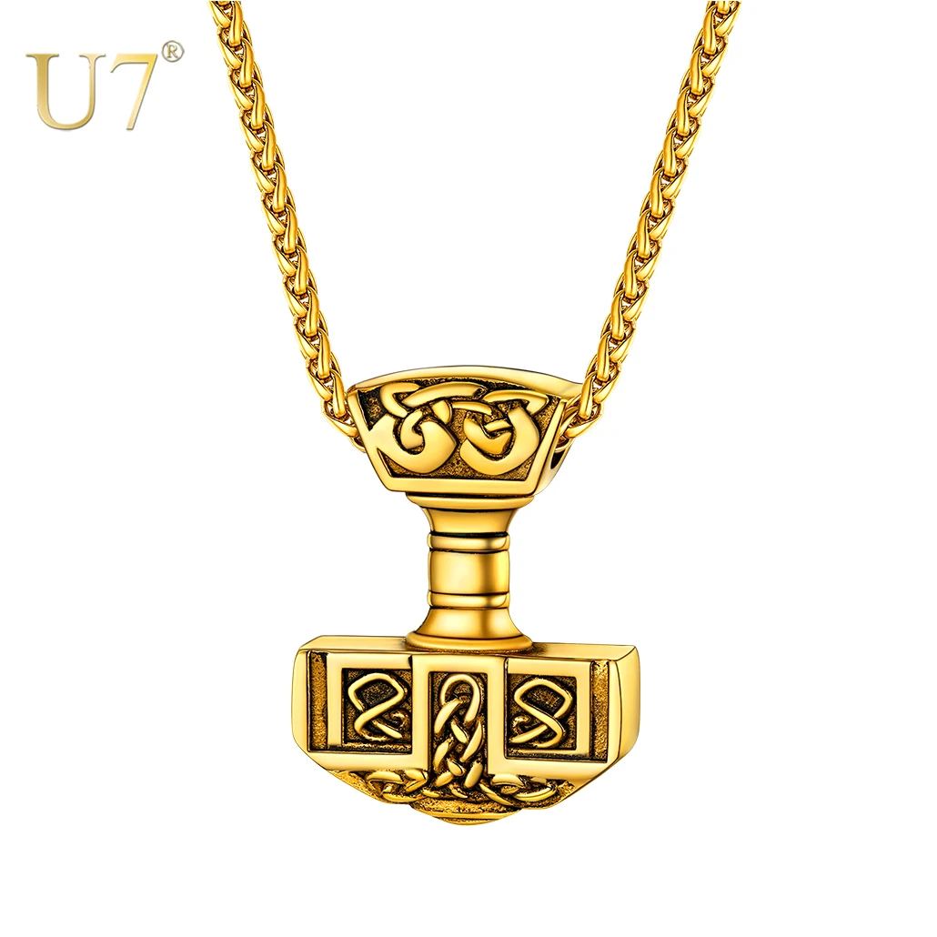 

U7 Thor's Hammer Necklace Stainless Steel Norse Viking Jewelry Cool Mjolnir Pendant Necklace for Men Womem Vintage Jewelry