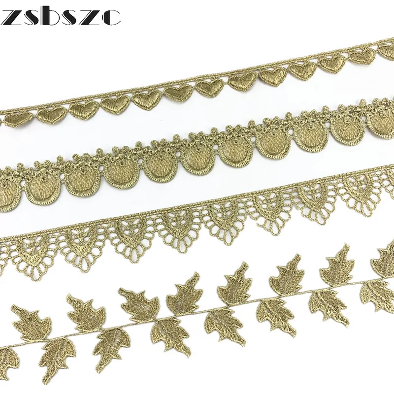 2CM Width 10Yards Gold Lace Trim Fabric Embroidered Heart Crocheted DIY Craft Sewing Supplies