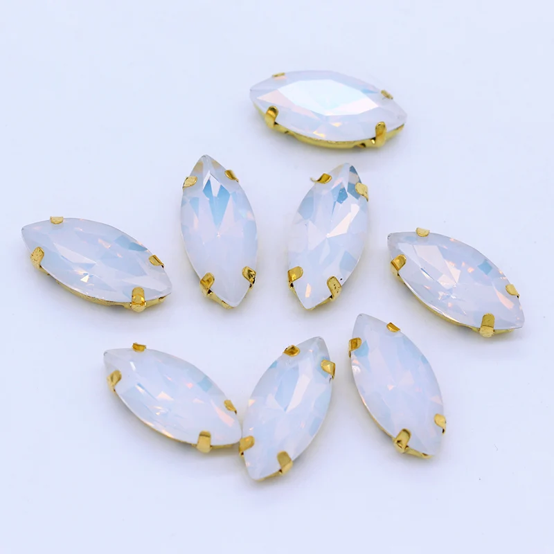 Fashion Opal Stones Navette Horse eye shape Glass Crystal Sew On Rhinestones With Golden  Claw  For Sewing Clothing wedding Diy