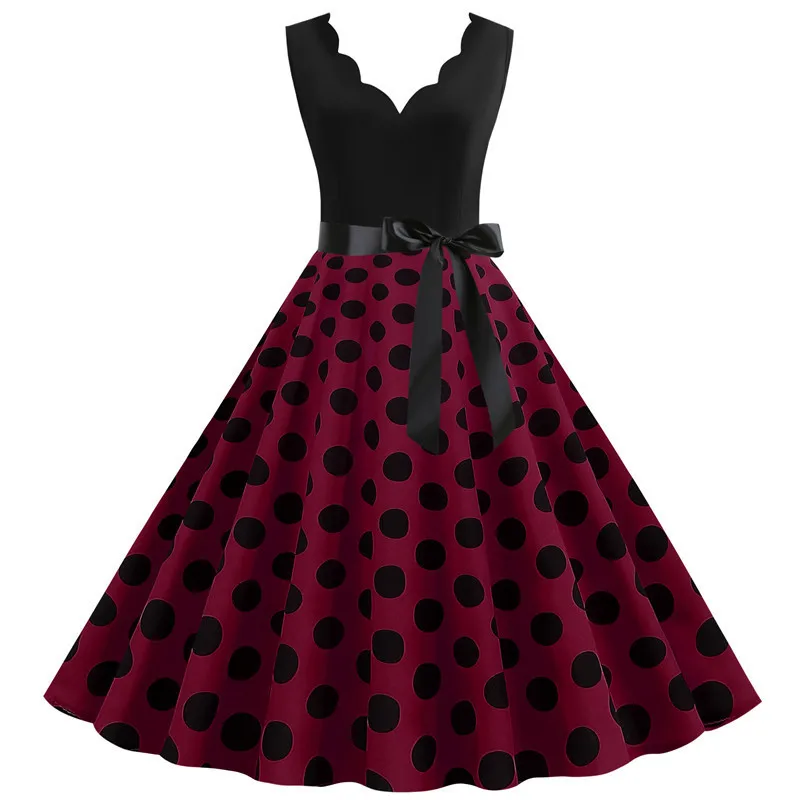 Polka Dot Print Women Summer Dress Black Patchwork Sleeveless V Neck Elegant Vintage Party Casual Midi Dress