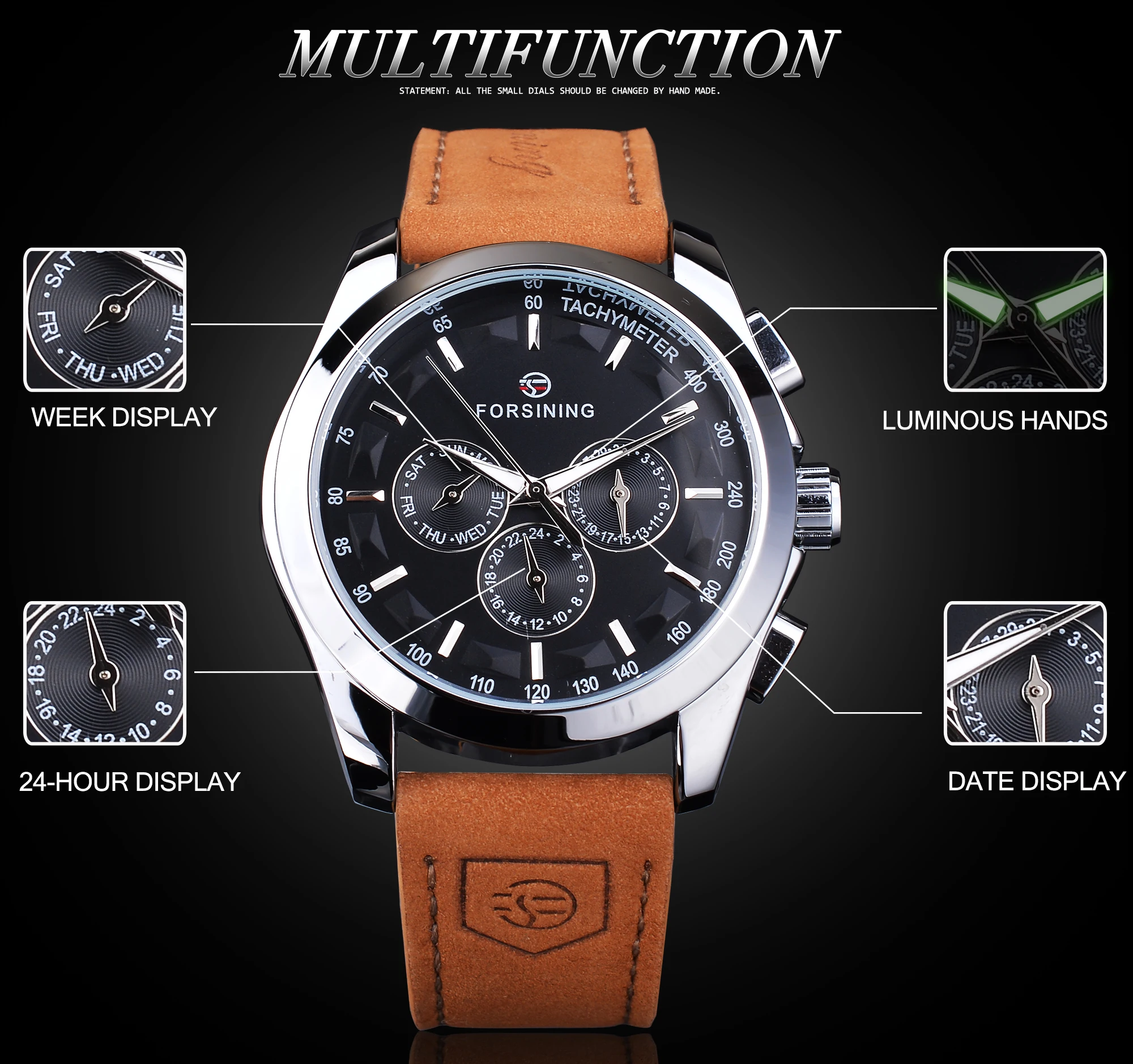 Forsining 3 Dial Automatic Watch Men's Mechanical Watches Black Calendar Display Clock Fashion Luminous Male Wristwatches Reloj