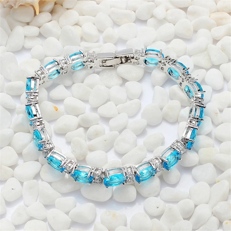 SHUNXUNZE Engagement Wedding Bracelet Bangle For Women Jewelry Accessories Dropshipping Blue Cubic Zirconia Rhodium Plated R679