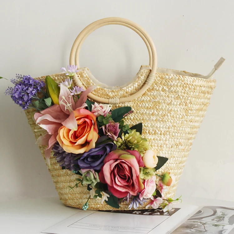 Fashion Weave Raffia Rattan Flower Beach Bag Women Summer Holiday Casual Straw Tote Handbag Customized Colorful Bohemia Style