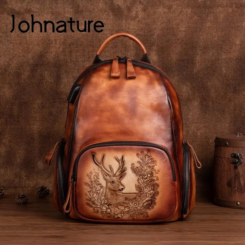 

Johnature Vintage Bag Handmde Embossing Women Cowhide Backpack 2024 New Genuine Leather Large Capacity Leisure Travel Bags